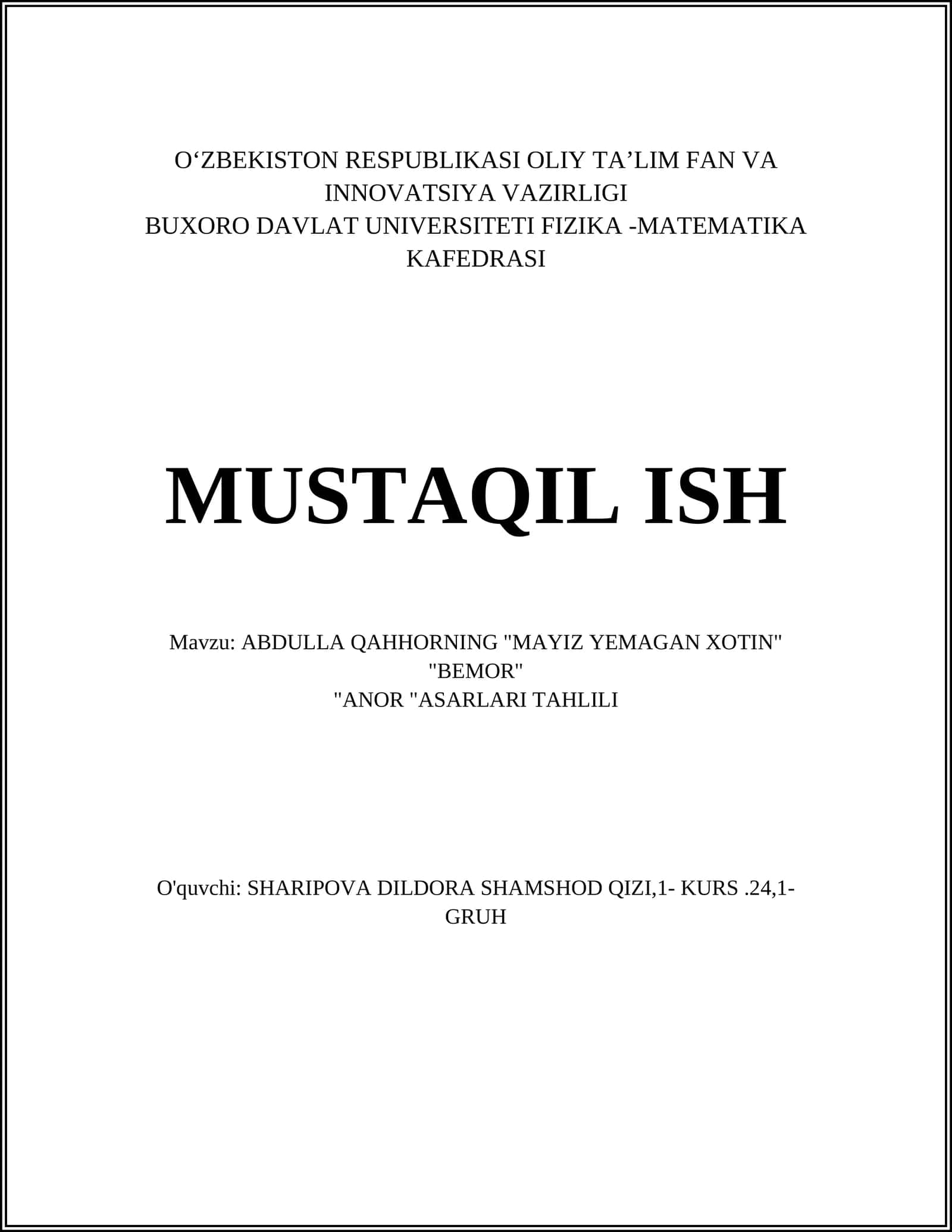 Mayiz yemagan xotin asarining tahlili 1
