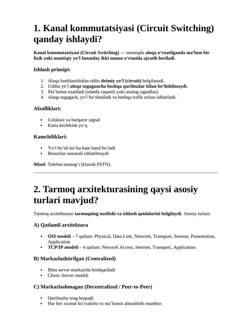 Kanal kommutatsiyasi (Circuit Switching) 1