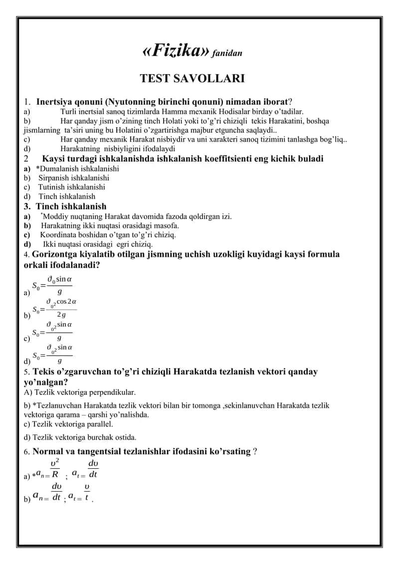 Fizika test savollari 1
