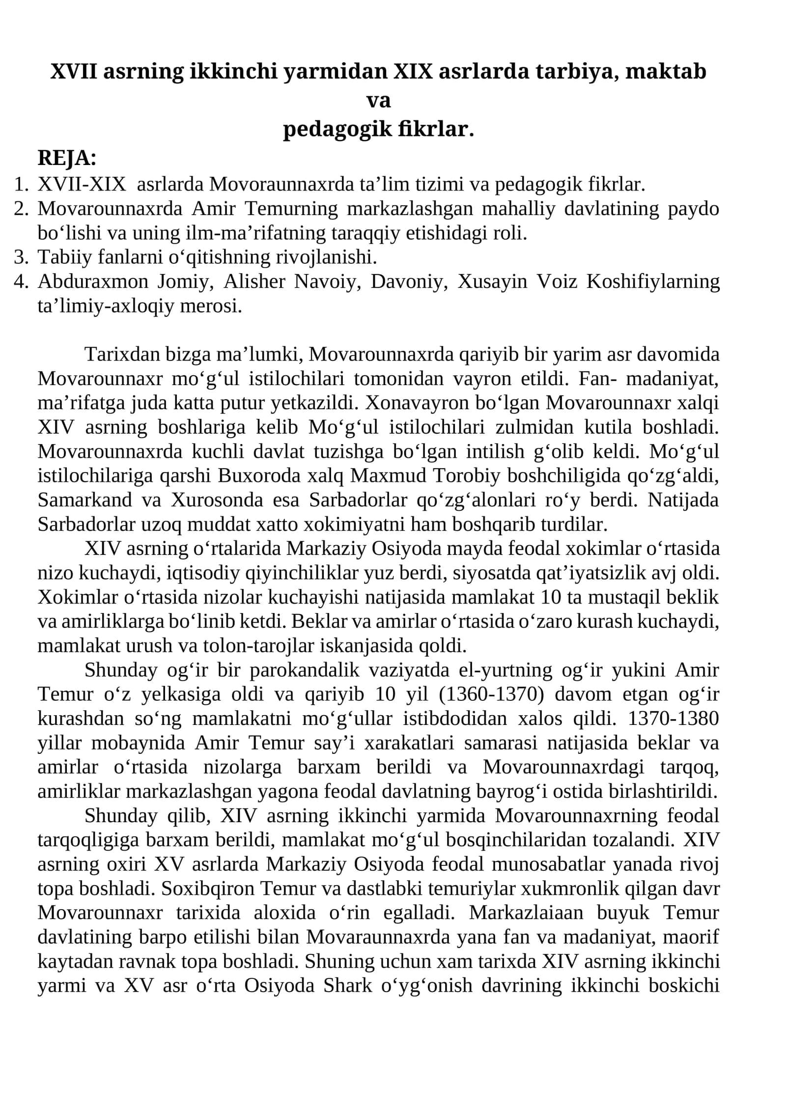 XVII asrning ikkinchi yarmidan XIX asrlarda tarbiya, maktab va pedagogik fikrlar 1