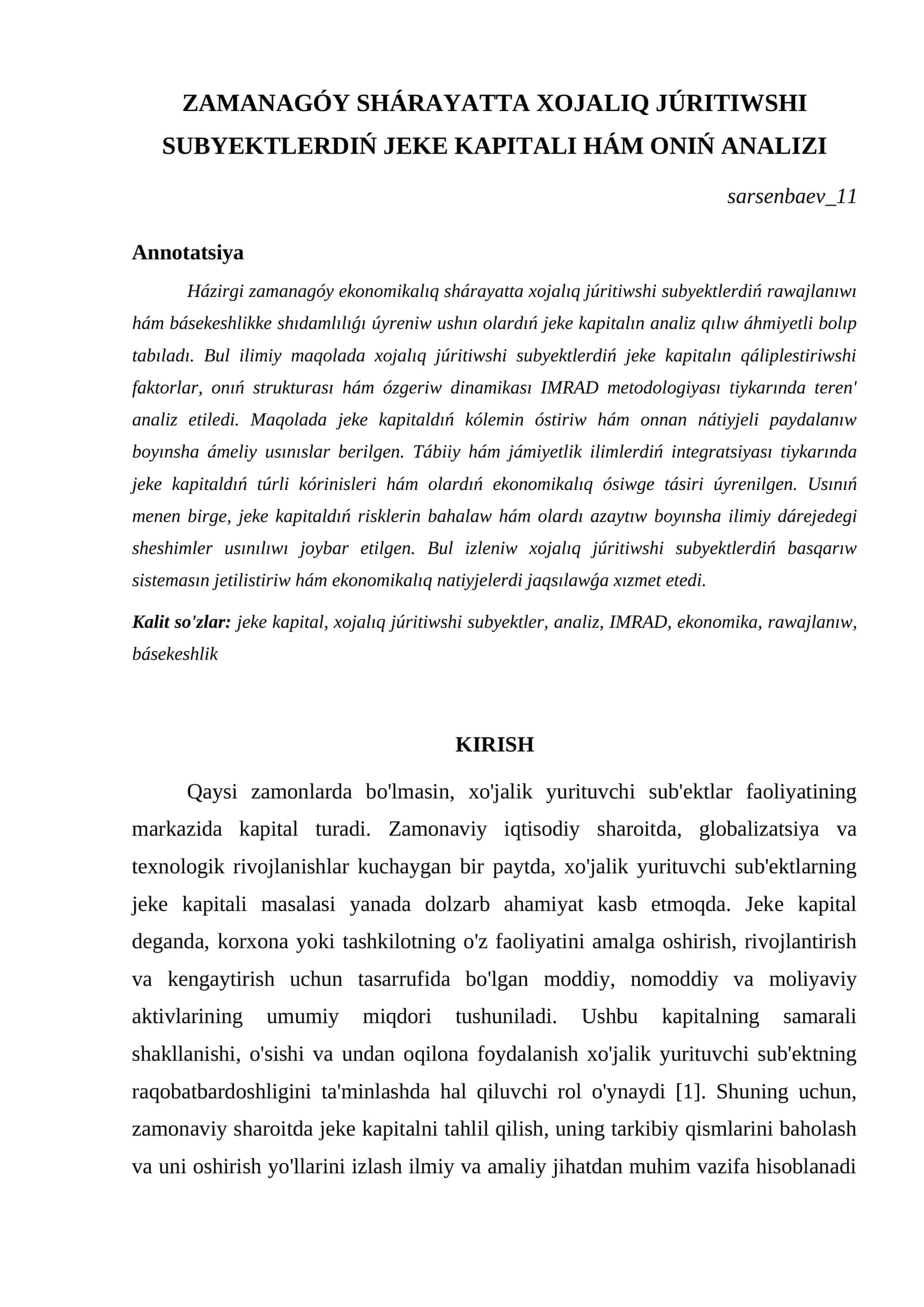 ZAMANAGÓY SHÁRAYATTA XOJALIQ JÚRITIWSHI SUBYEKTLERDIŃ JEKE KAPITALI HÁM ONIŃ ANALIZI 1