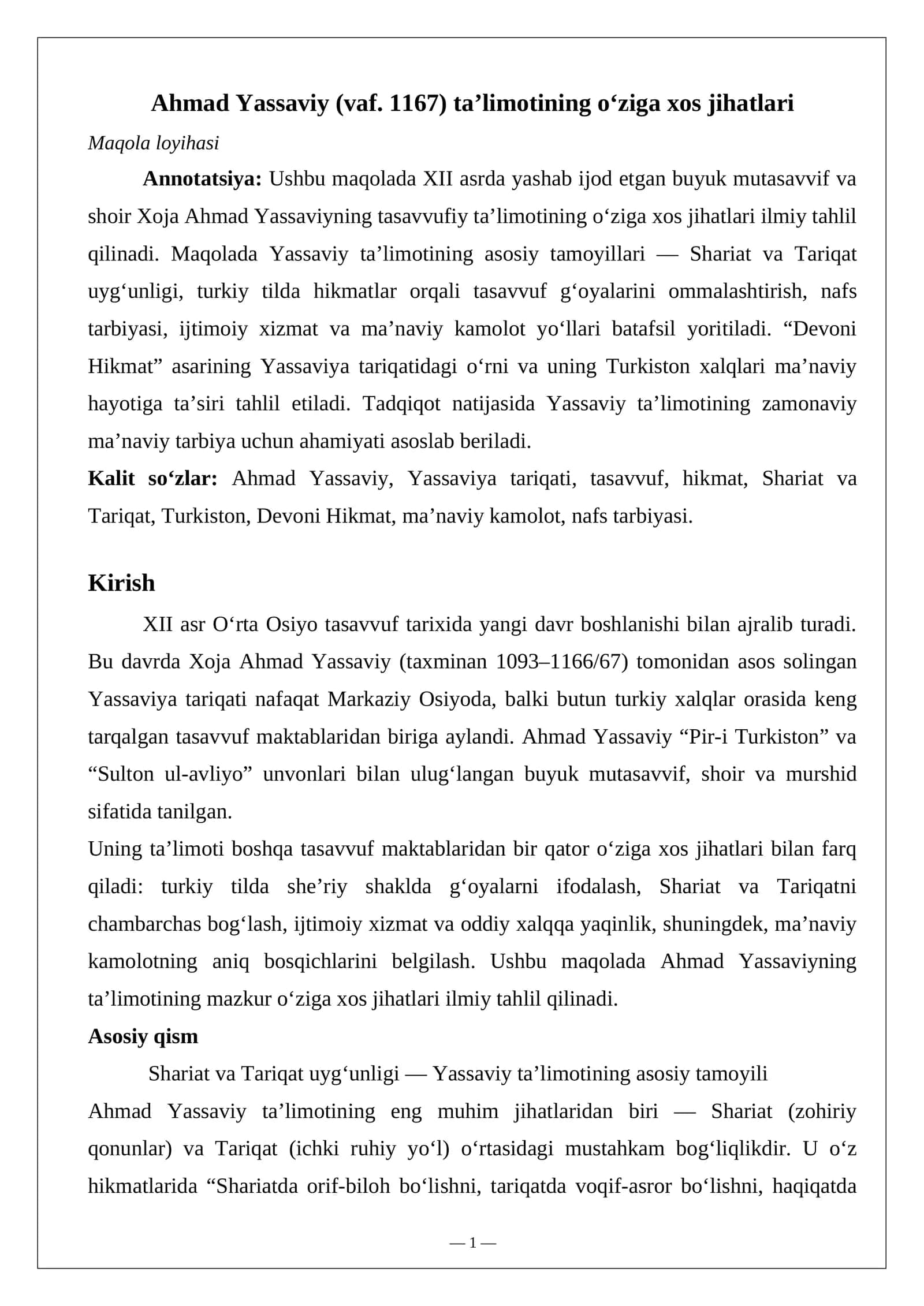 Ahmad Yassaviy ta’limotining o‘ziga xos jihatlari 1