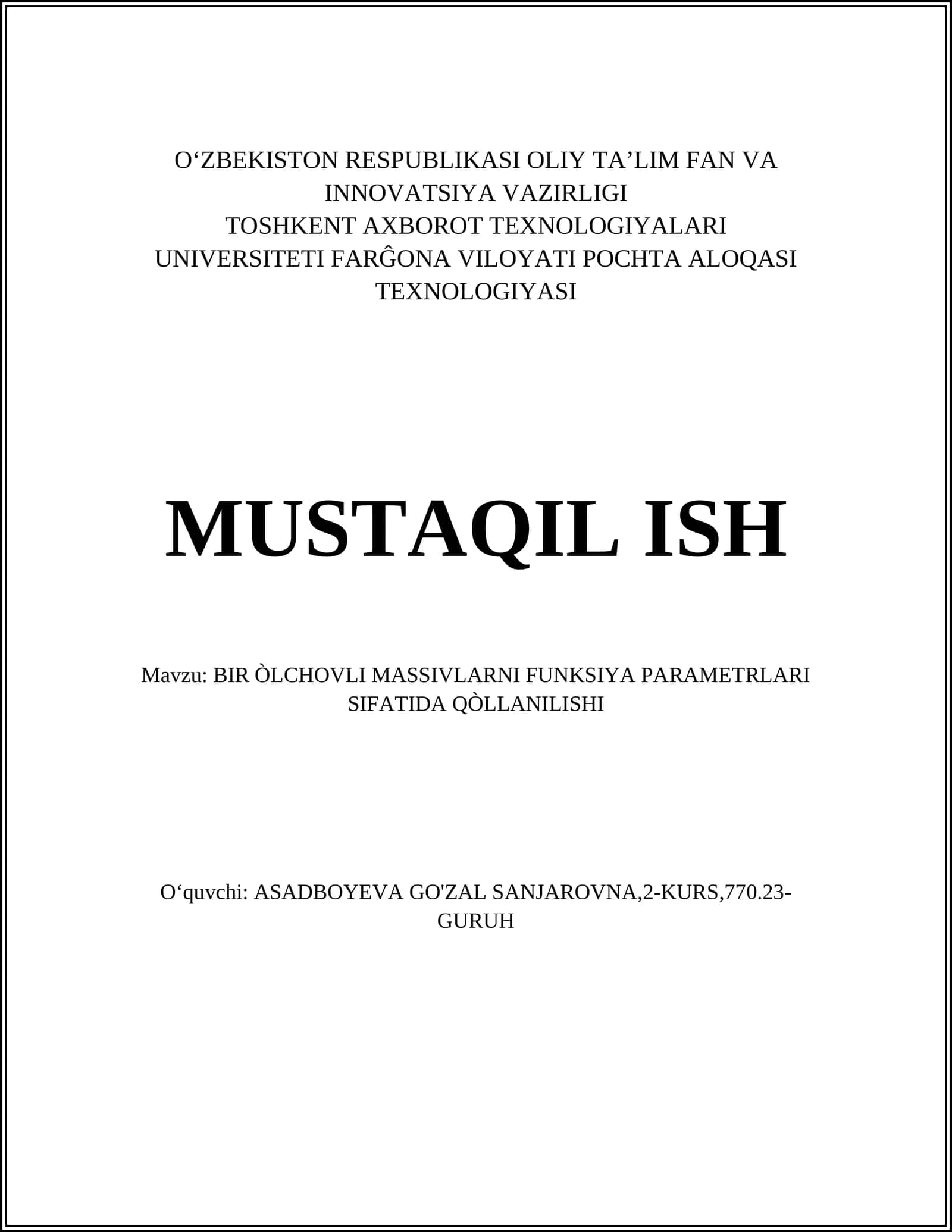 BIR ÒLCHOVLI MASSIVLARNI FUNKSIYA PARAMETRLARI SIFATIDA QÒLLANILISHI 1
