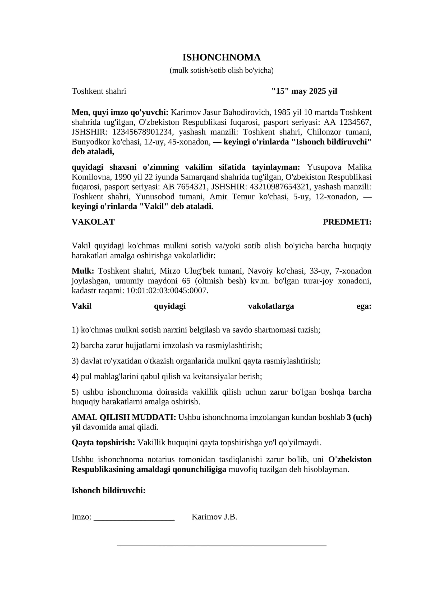 Ishonchnoma (mulk sotish va sotib olish bo'yicha) 1