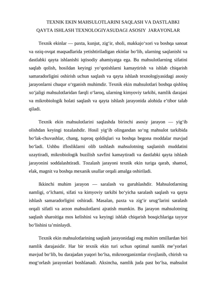 Texnik ekin mahsulotlarini saqlash va dastlabki qayta ishlash texnologiyasidagi asosiy jarayonlar 1