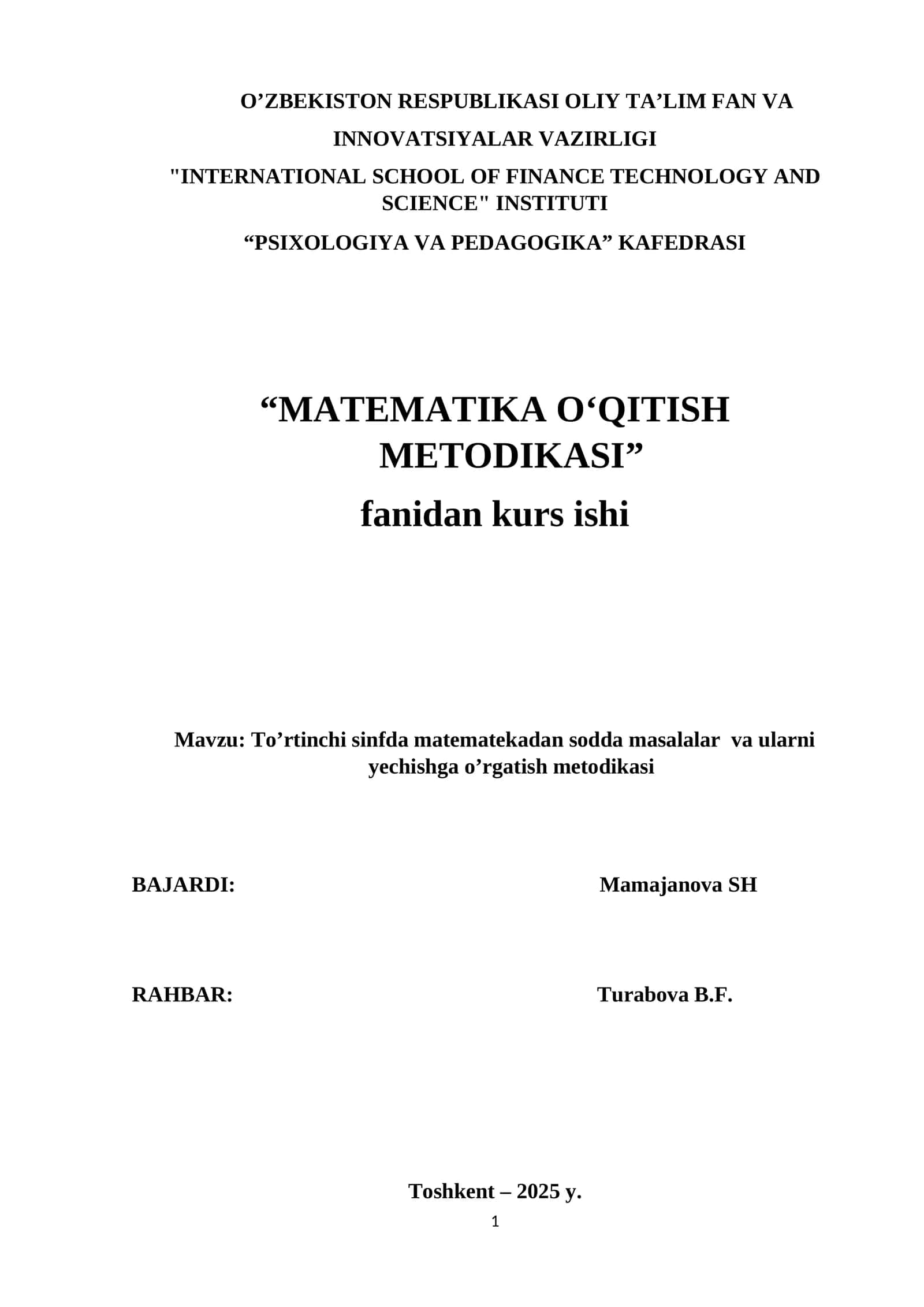 4-sinfda matematekadan sodda masalalar  va ularni yechishga o’rgatish metodikasi KURS ISHI 1