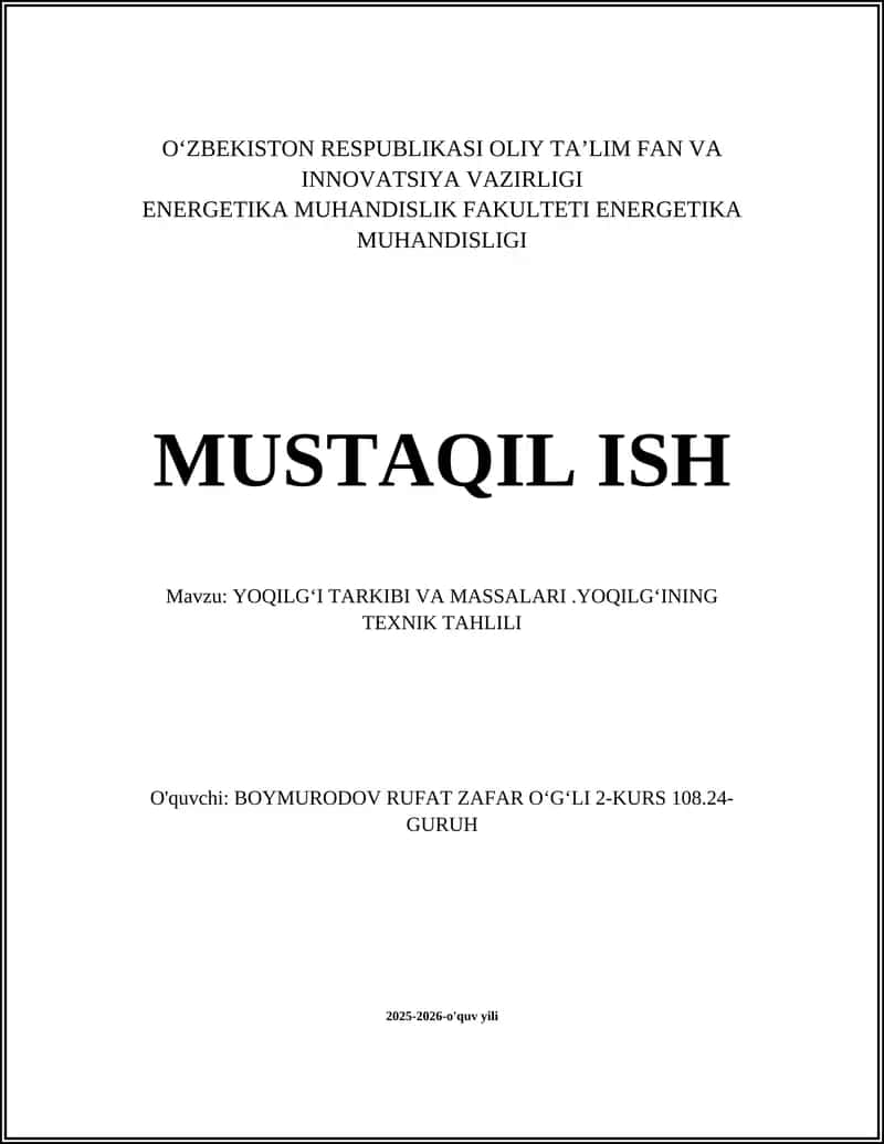 Energetika muhandisligi mustaqil ish 1