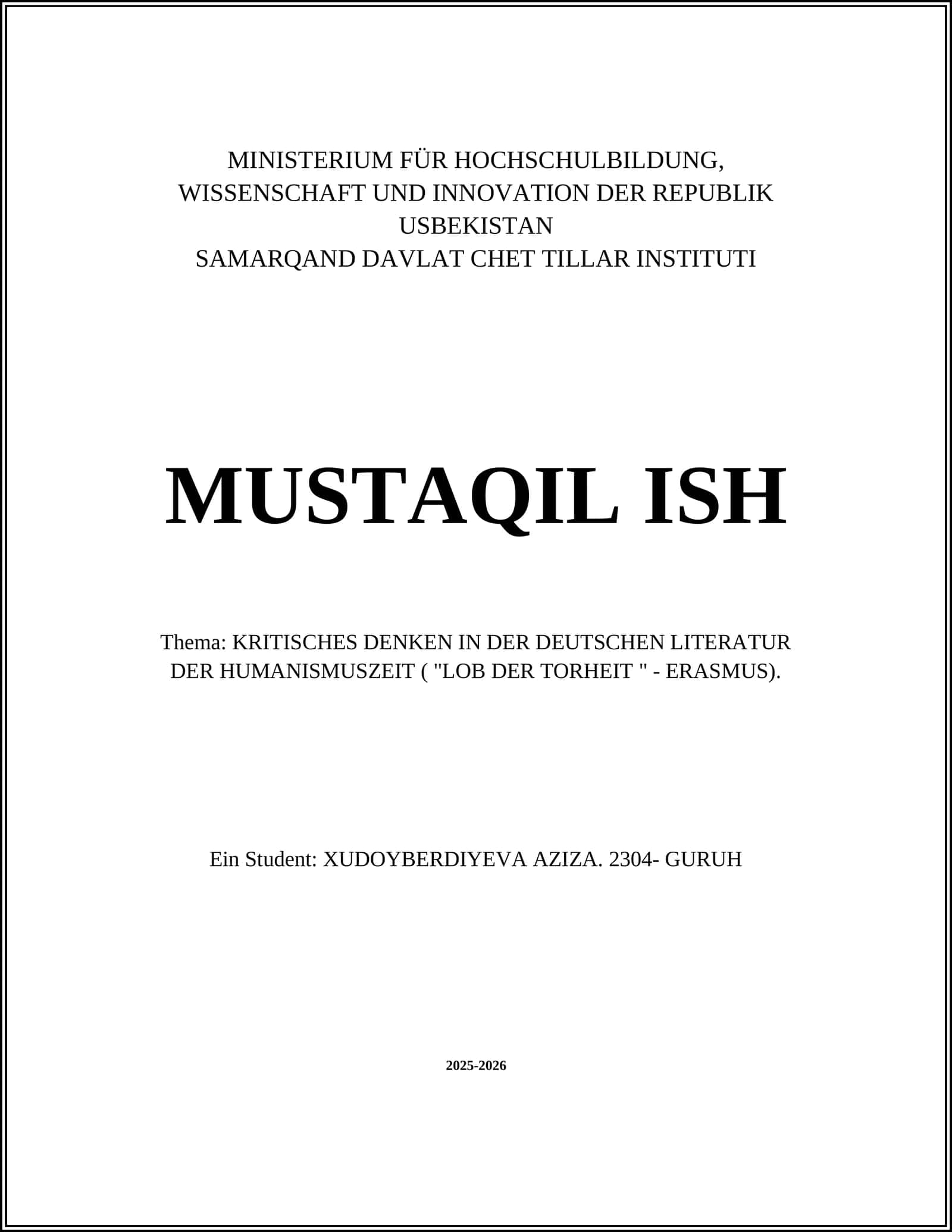 KRITIKAL FIKRLASH ALMAN ADABIYOTIDA ( "UJUVLIK MÜNASIBA" - ERASMUS) 1