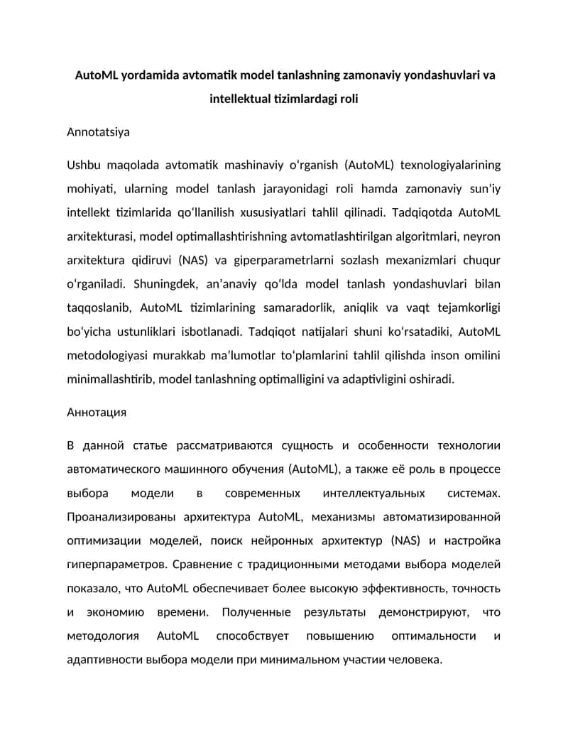 AutoML yordamida avtomatik model tanlashning zamonaviy yondashuvlari va intellektual tizimlardagi roli 1