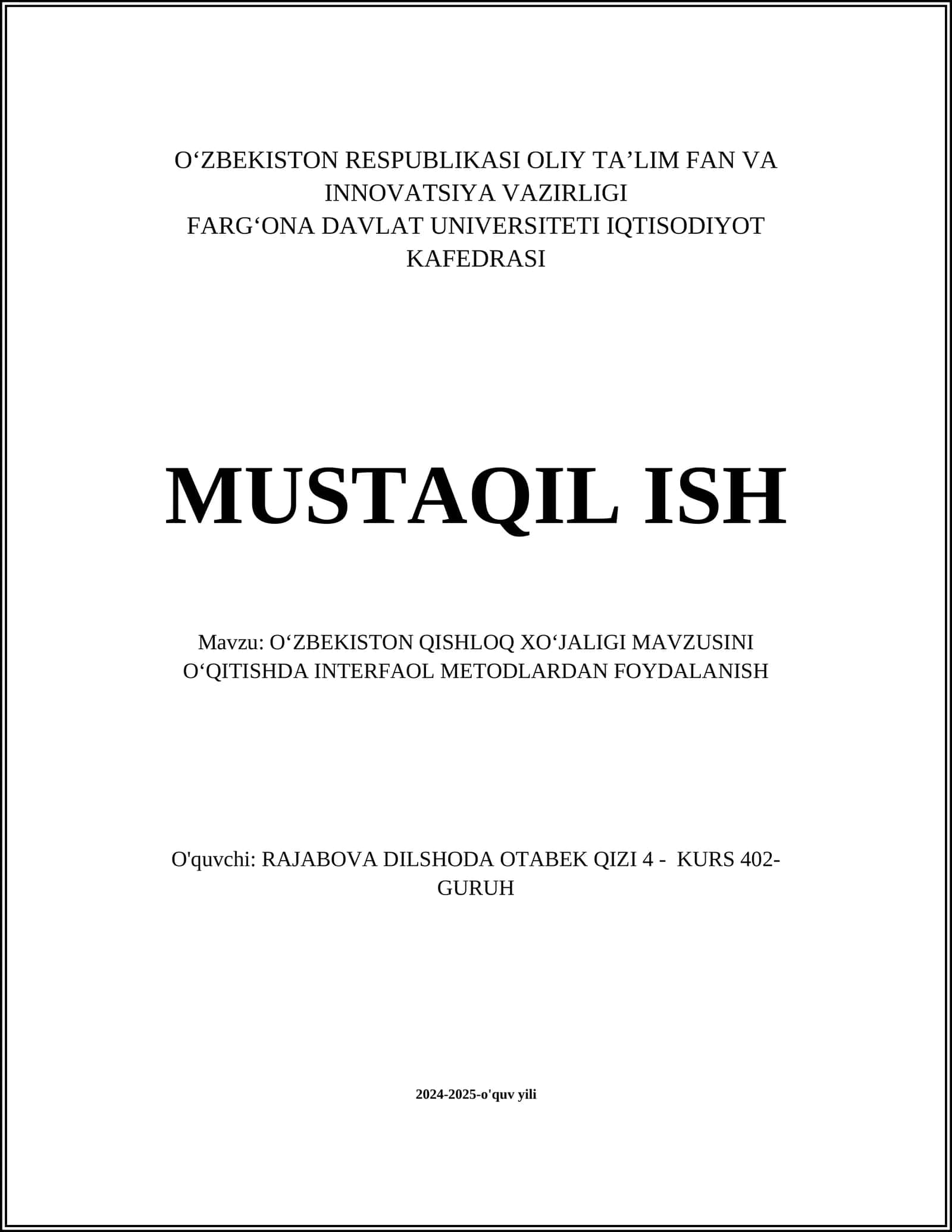 OʻZBEKISTON QISHLOQ XOʻJALIGI MAVZUSINI OʻQITISHDA INTERFAOL METODLARDAN FOYDALANISH 1