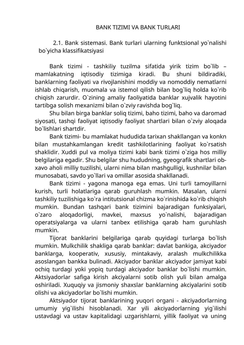 BANK TIZIMI VA BANK TURLARI 1