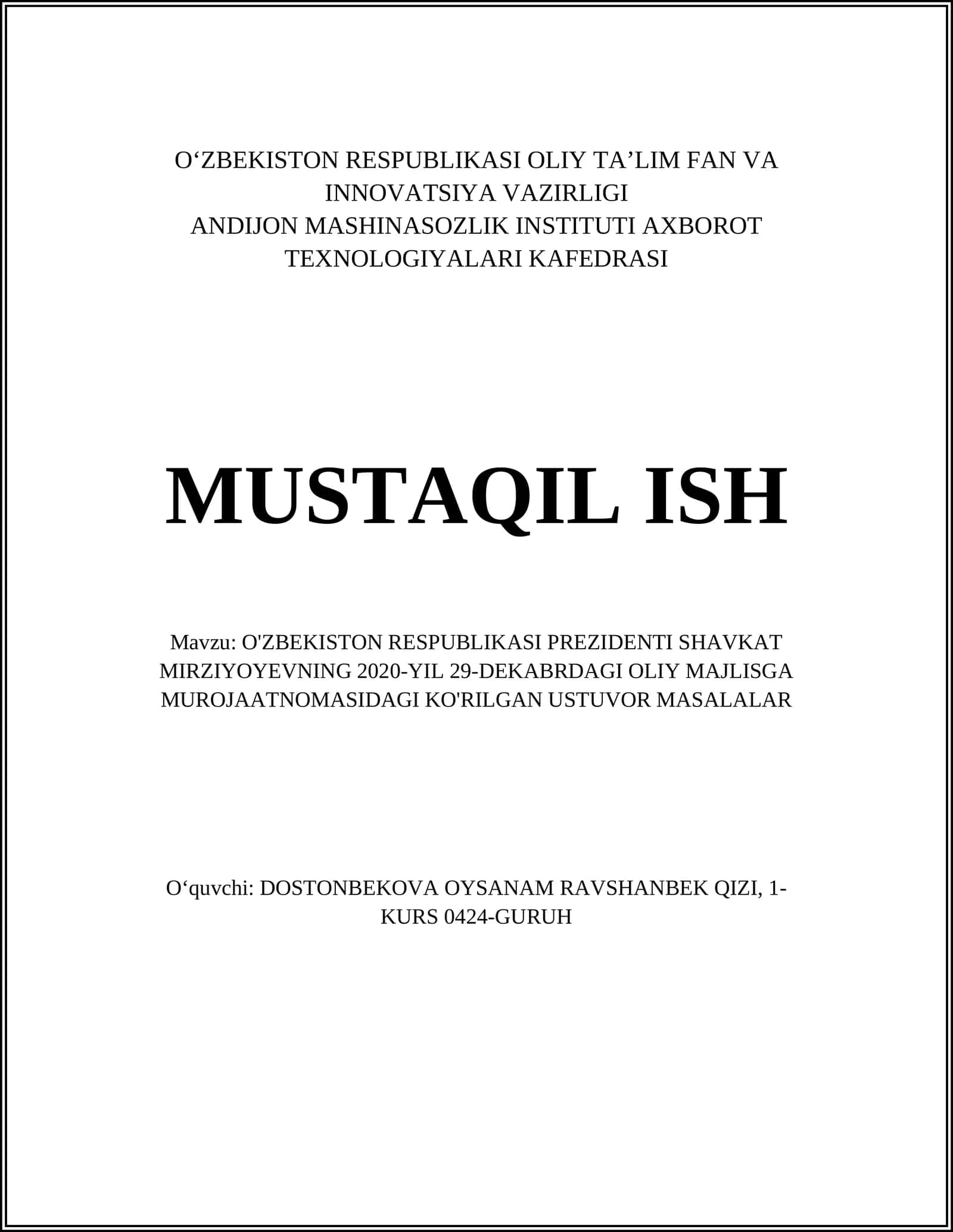 O'ZBEKISTON RESPUBLIKASI PREZIDENTI SHAVKAT MIRZIYOYEVNING 2020-YIL 29-DEKABRDAGI OLIY MAJLISGA MUROJAATNOMASIDAGI KO'RILGAN USTUVOR MASALALAR 1