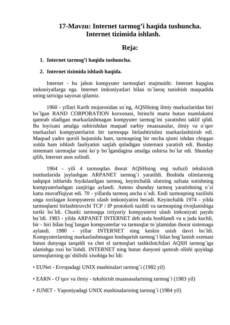 17-Mavzu: Internet tarmog’i haqida tushuncha. Internet tizimida ishlash 1