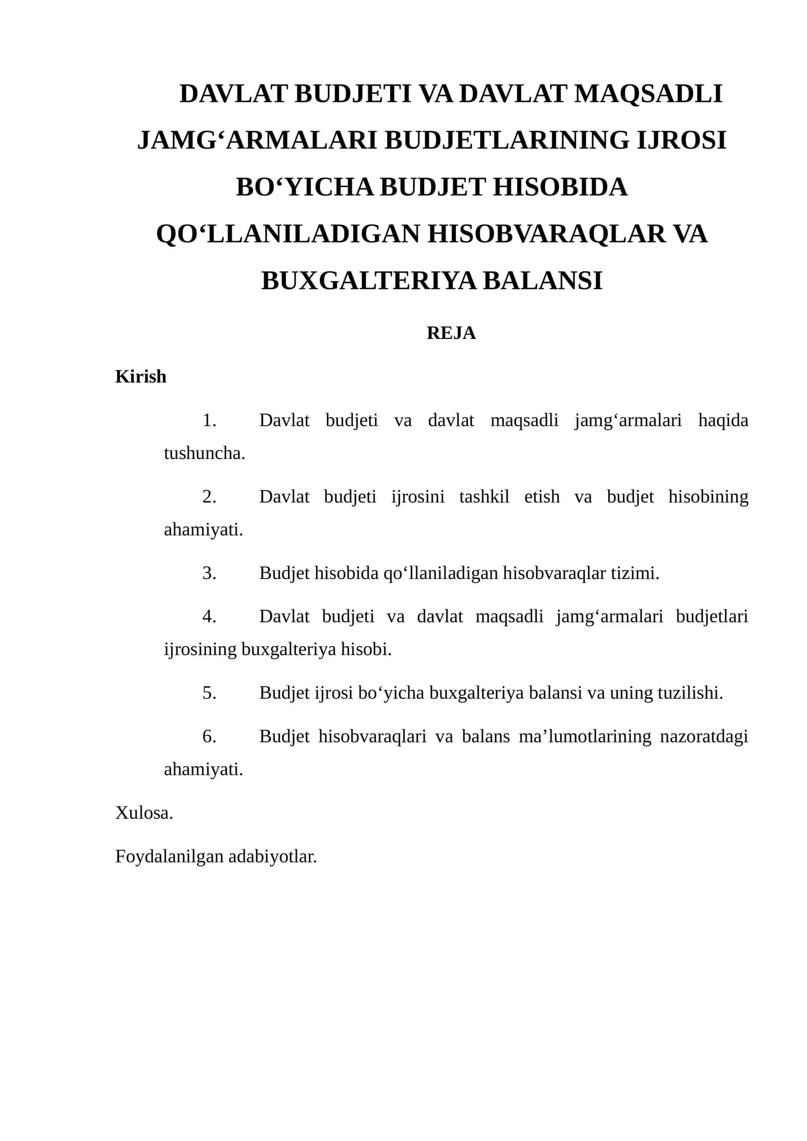 DAVLAT BUDJETI VA DAVLAT MAQSADLI JAMG‘ARMALARI BUDJETLARINING IJROSI BO‘YICHA BUDJET HISOBIDA QO‘LLANILADIGAN HISOBVARAQLAR VA BUXGALTERIYA BALANSI 1