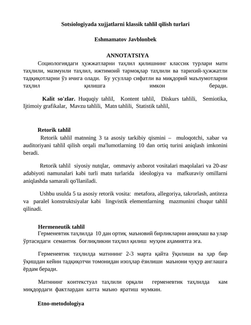 Mavzu: Sotsiologiyada xujjatlarni klassik tahlil qilish turlari 1