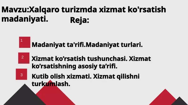 Xalqaroturizm xizmatlarining madaniyati 1