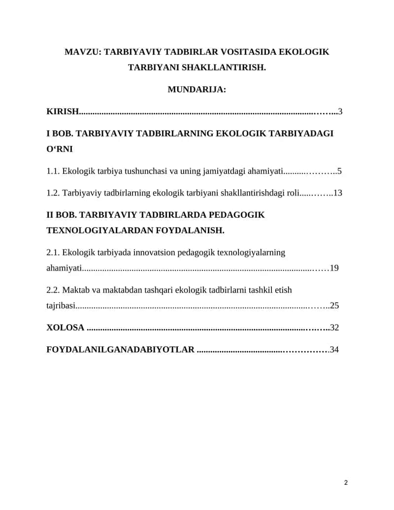 TARBIYAVIY TADBIRLAR VOSITASIDA EKOLOGIK TARBIYANI SHAKLLANTIRISH kurs ishi 1