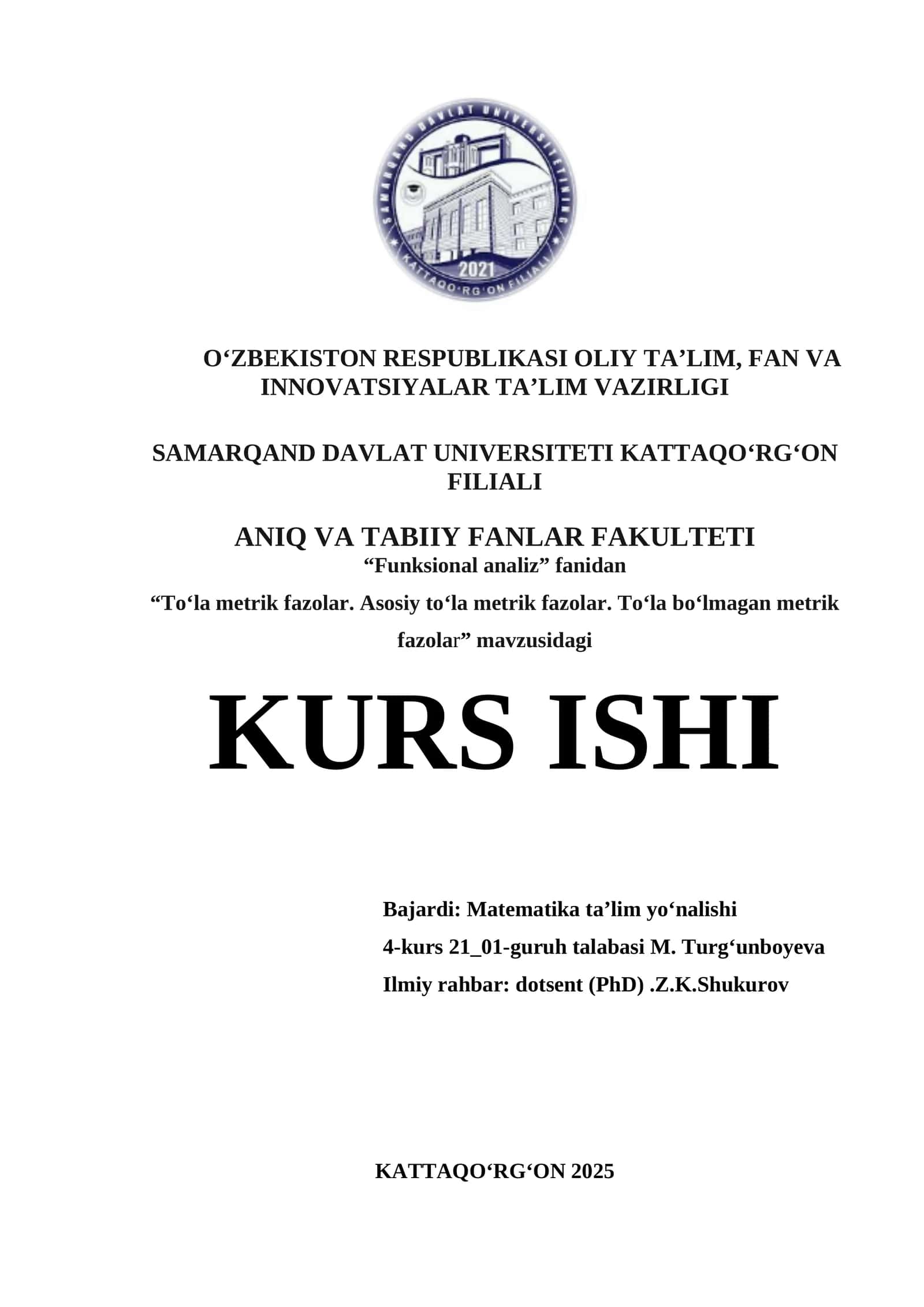 To‘la metrik fazolar. Asosiy to‘la metrik fazolar. To‘la bo‘lmagan metrik fazolar 1