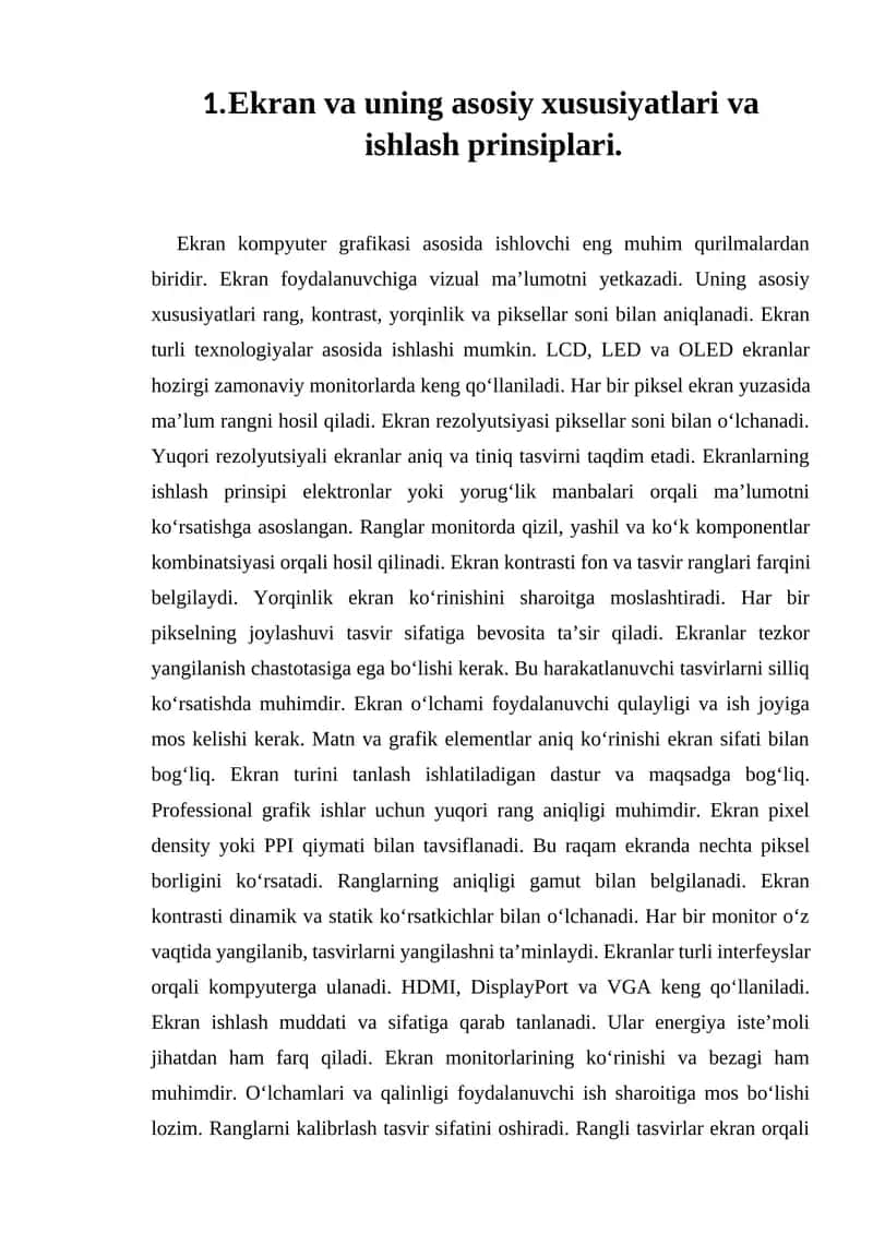 Ekran va uning asosiy xususiyatlari va ishlash prinsiplari 1