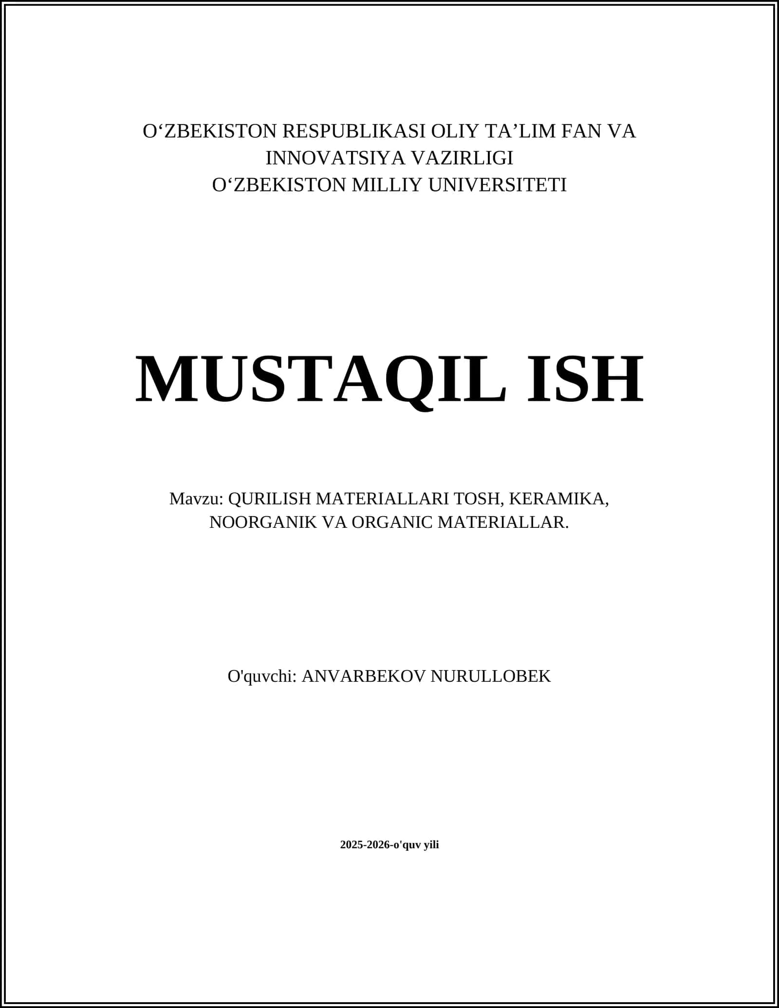 QURILISH MATERIALLARI TOSH, KERAMIKA, NOORGANIK VA ORGANIC MATERIALLAR 1