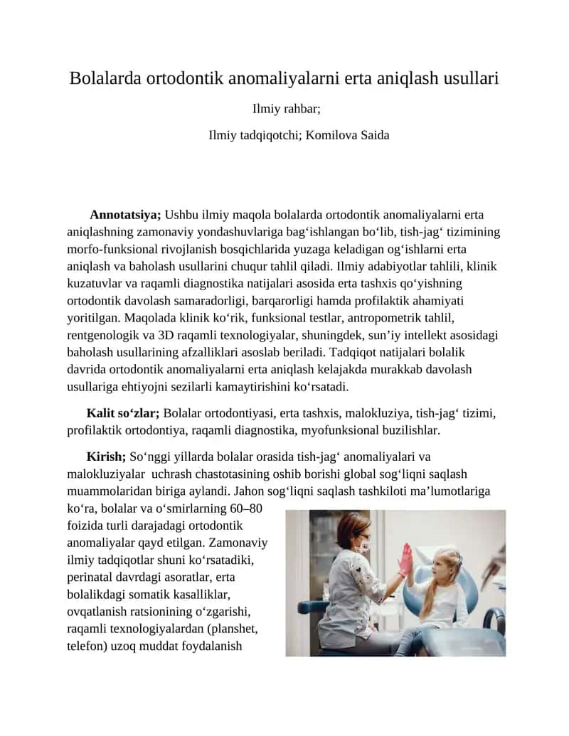 Bolalarda ortodontik anomaliyalarni erta aniqlash usullari 1