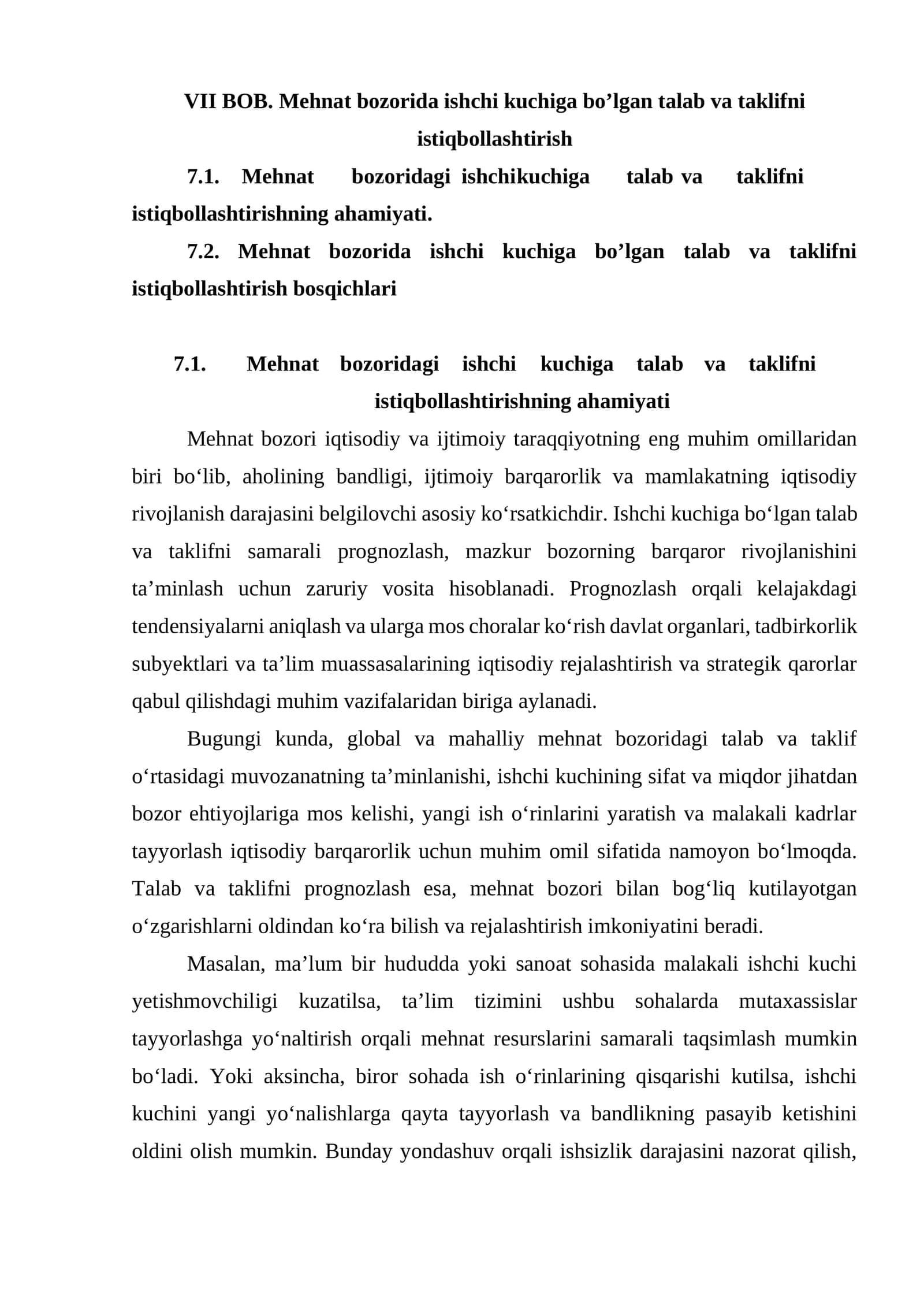 VII BOB. Mehnat bozorida ishchi kuchiga bo’lgan talab va taklifni istiqbollashtirish 1