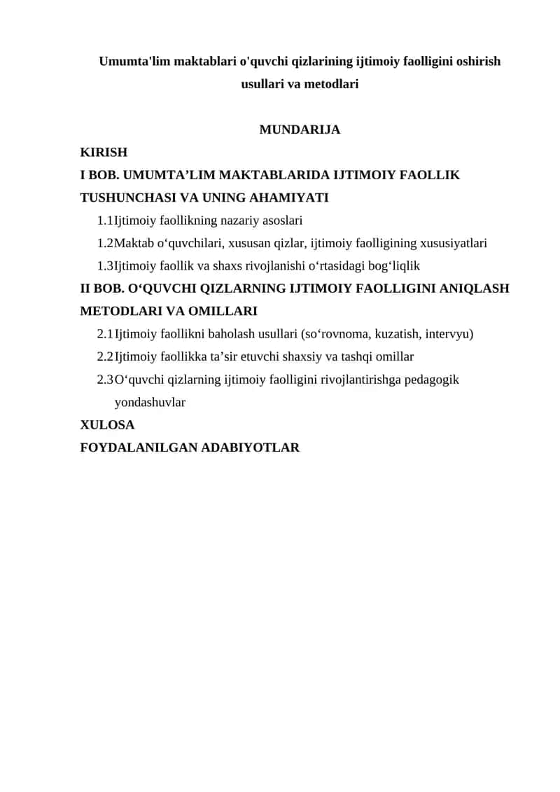 Umumta'lim maktablari o'quvchi qizlarining ijtimoiy faolligini oshirish usullari va metodlari 1
