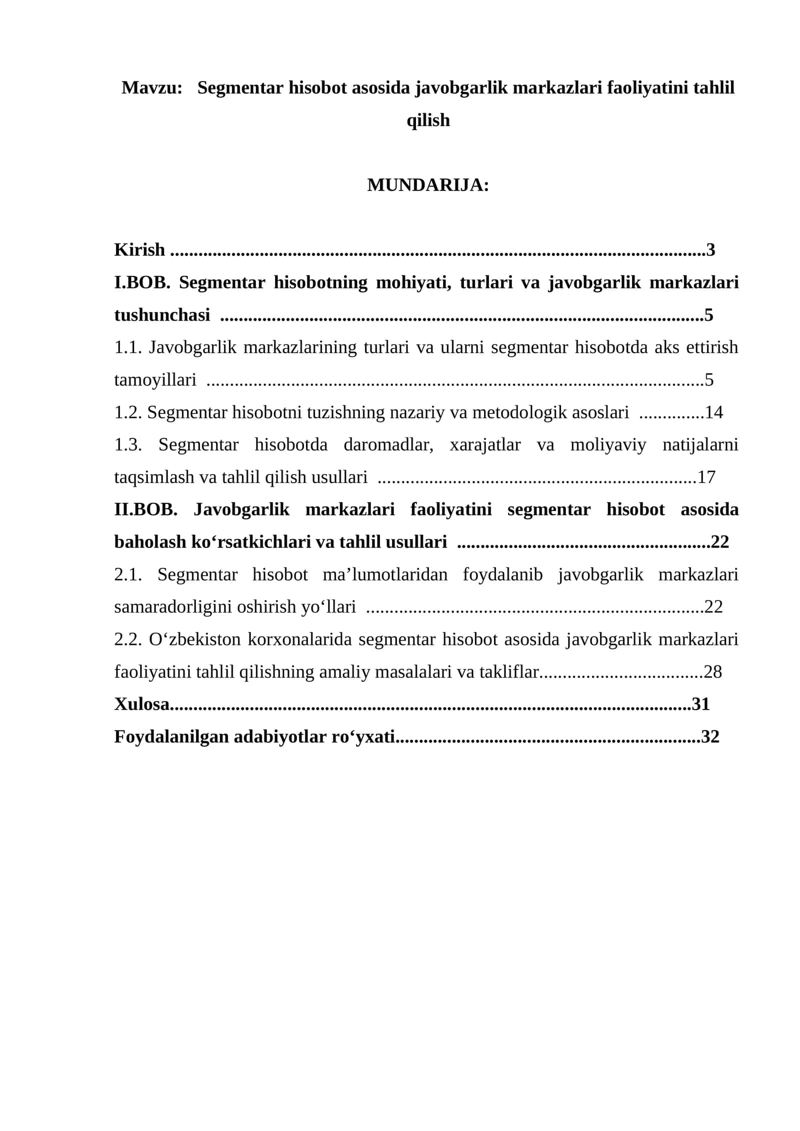 Segmentar hisobot asosida javobgarlik markazlari faoliyatini tahlil qilish 1