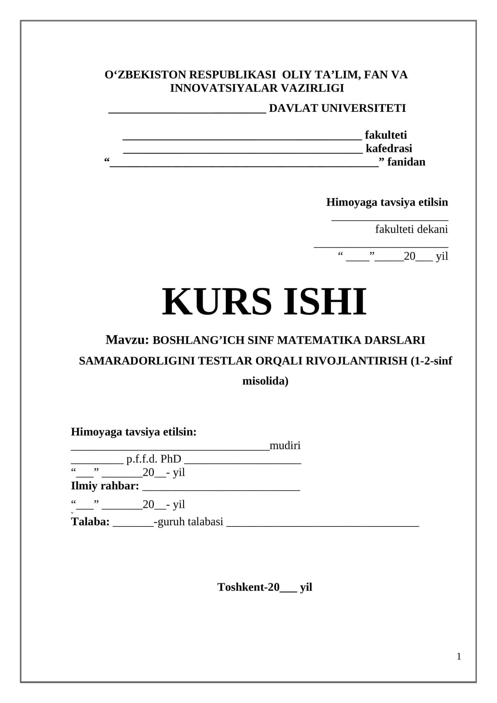 Boshlang’ich sinf matematika darslari samaradorligini testlar orqali rivojlantirish (1-2-sinf misolida) 1