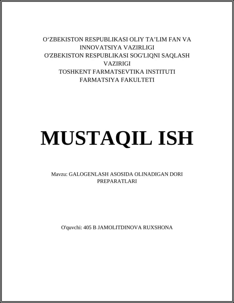 GALOGENLASH ASOSIDA OLINADIGAN DORI PREPARATLARI 1