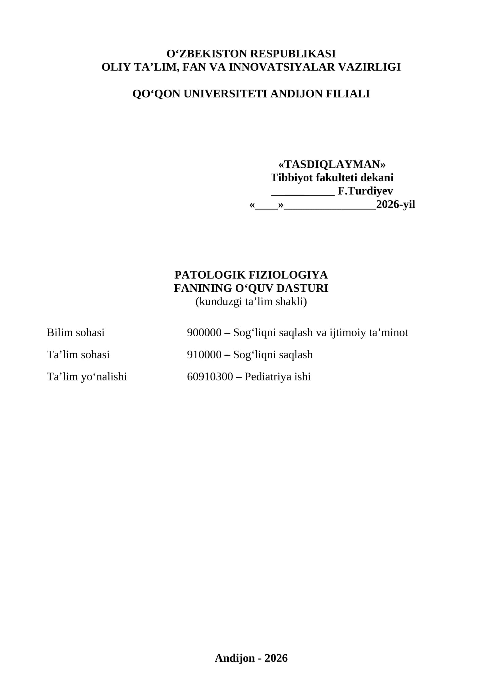 Patologik fiziologiya fanining oʻquv dasturi 1