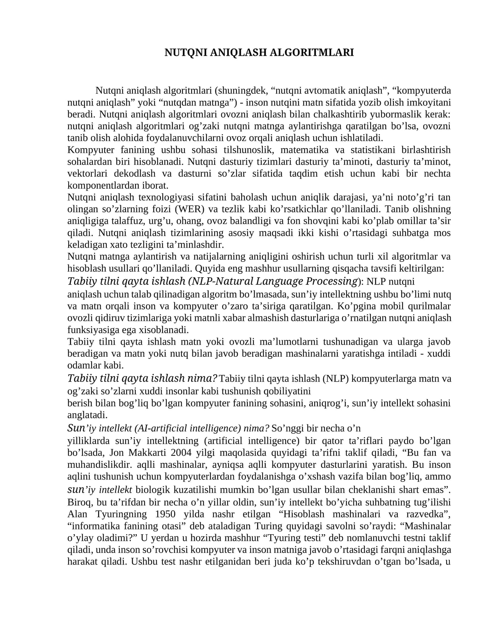 NUTQNI ANIQLASH ALGORITMLARI 1