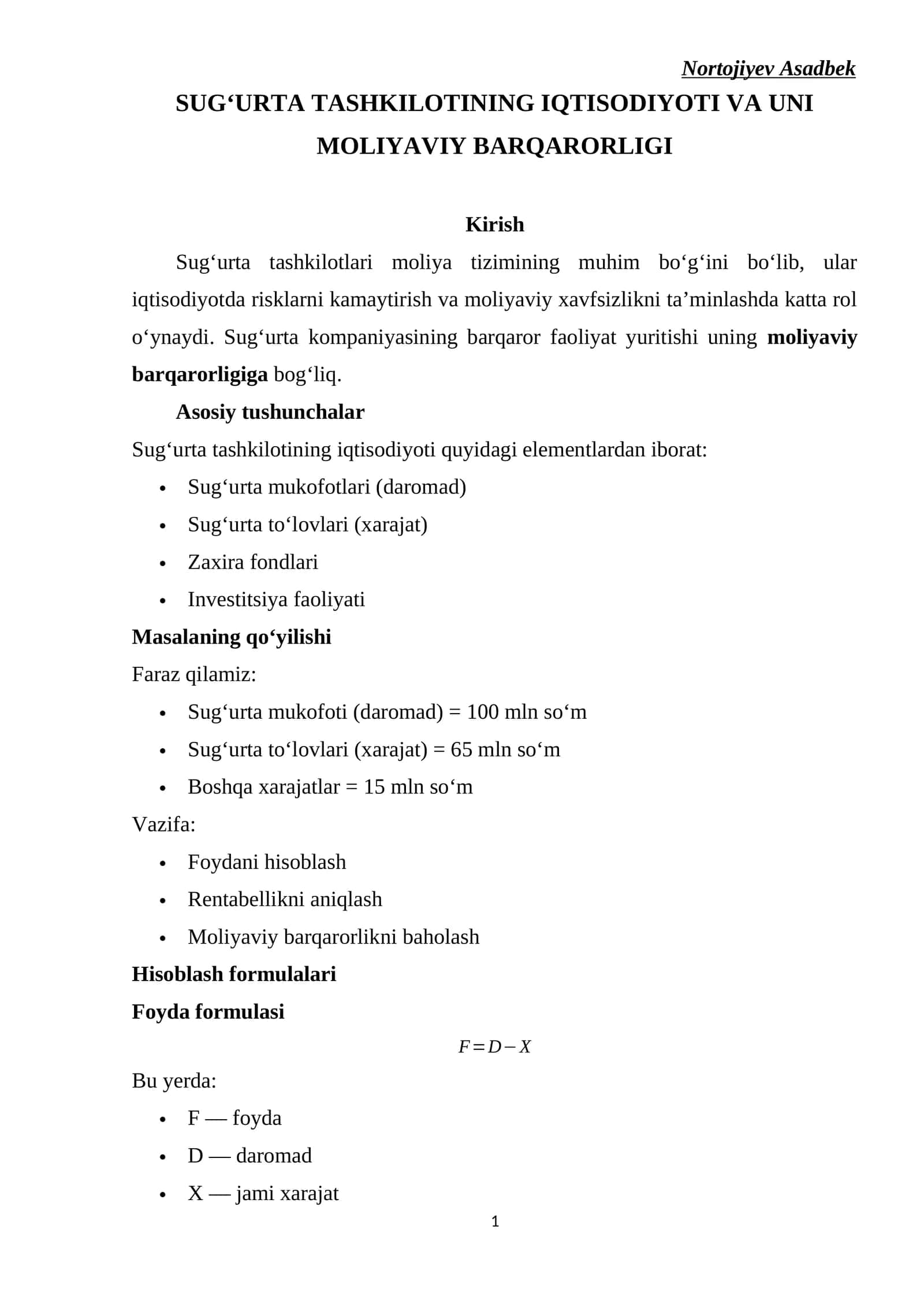SUG‘URTA TASHKILOTINING IQTISODIYOTI VA UNI MOLIYAVIY BARQARORLIGI 1