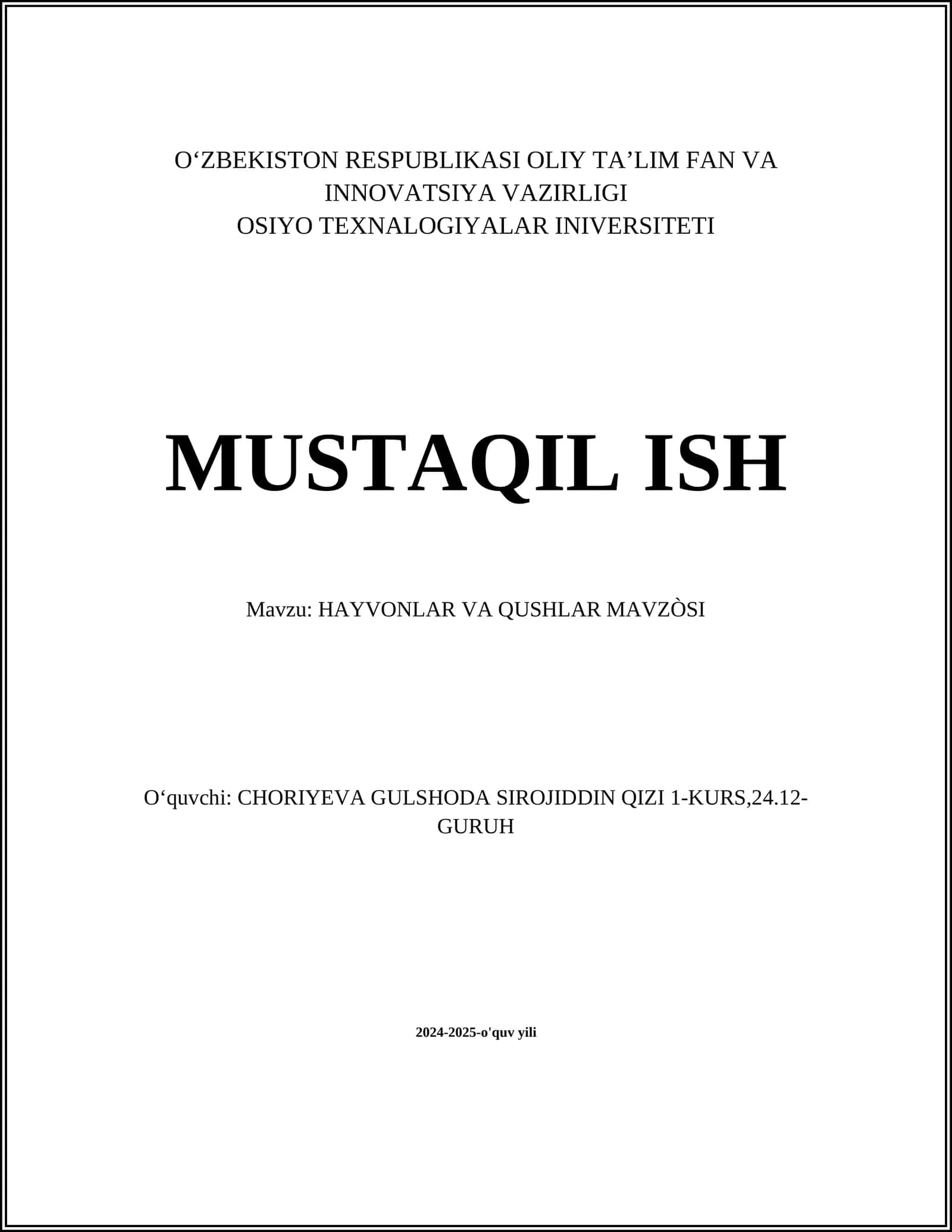 HAYVONLAR VA QUSHLAR MAVZÒSI 1