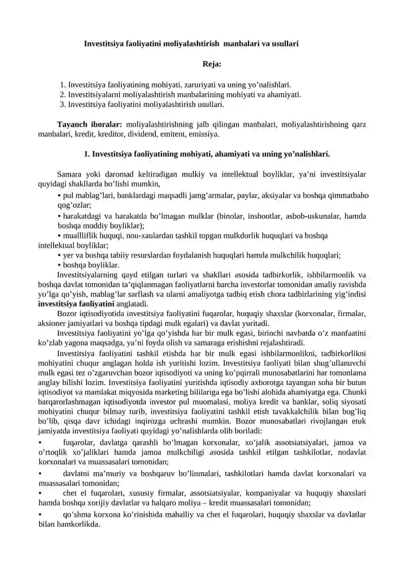 Investitsiya faoliyatini moliyalashtirish manbalari va usullari