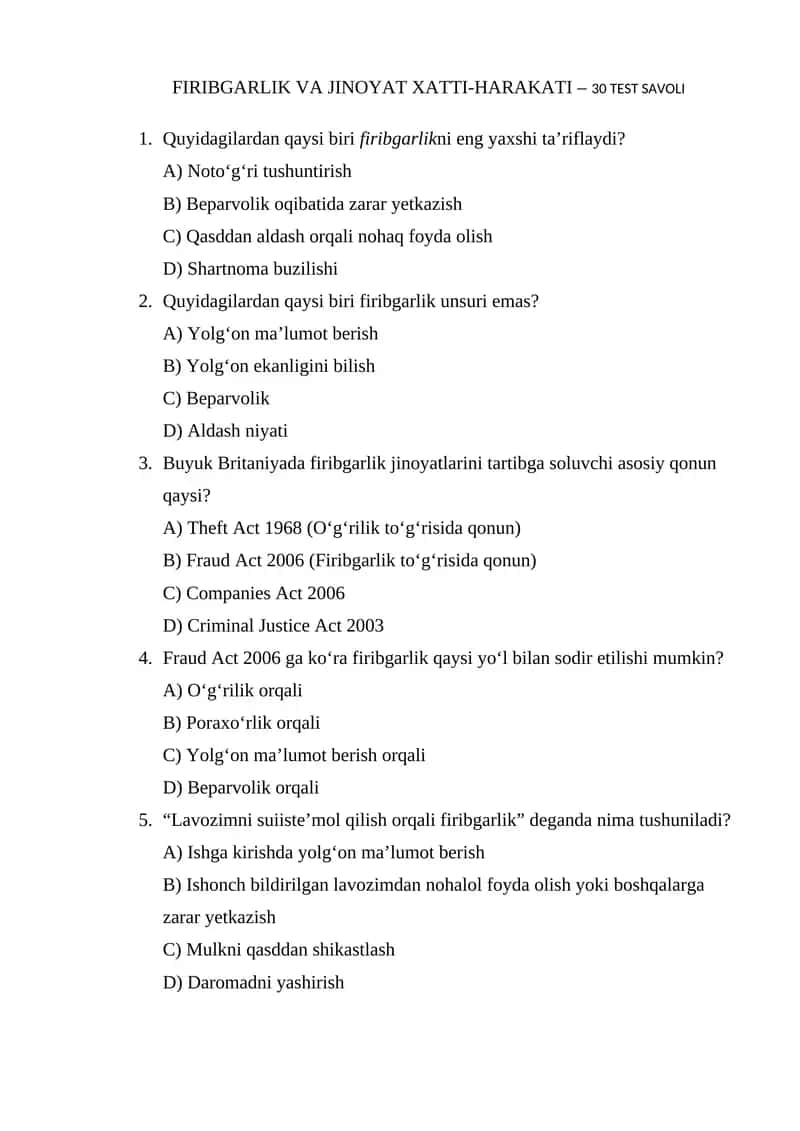 FIRIBGARLIK VA JINOYAT XATTI-HARAKATI - 30 TEST SAVOLI 1