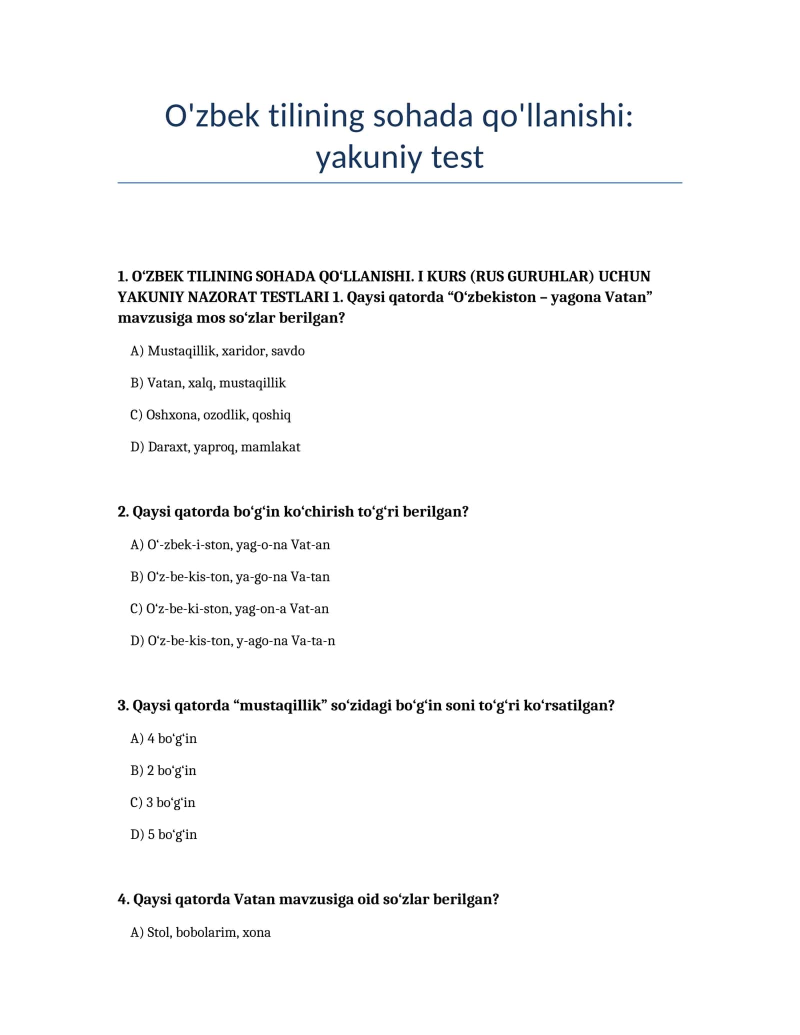 O'zbek tilining sohada qo'llanishi: yakuniy test 1