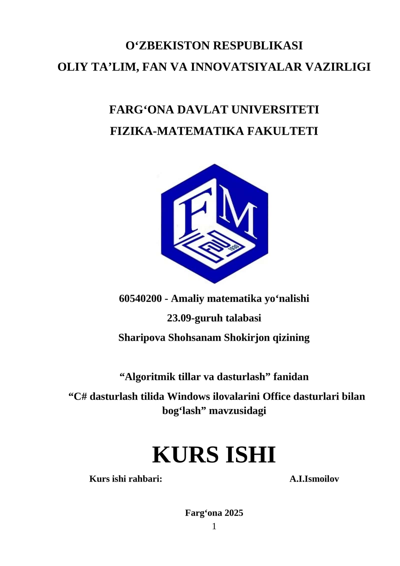 C# dasturlash tilida Windows ilovalarini Office dasturlari bilan bog‘lash 1