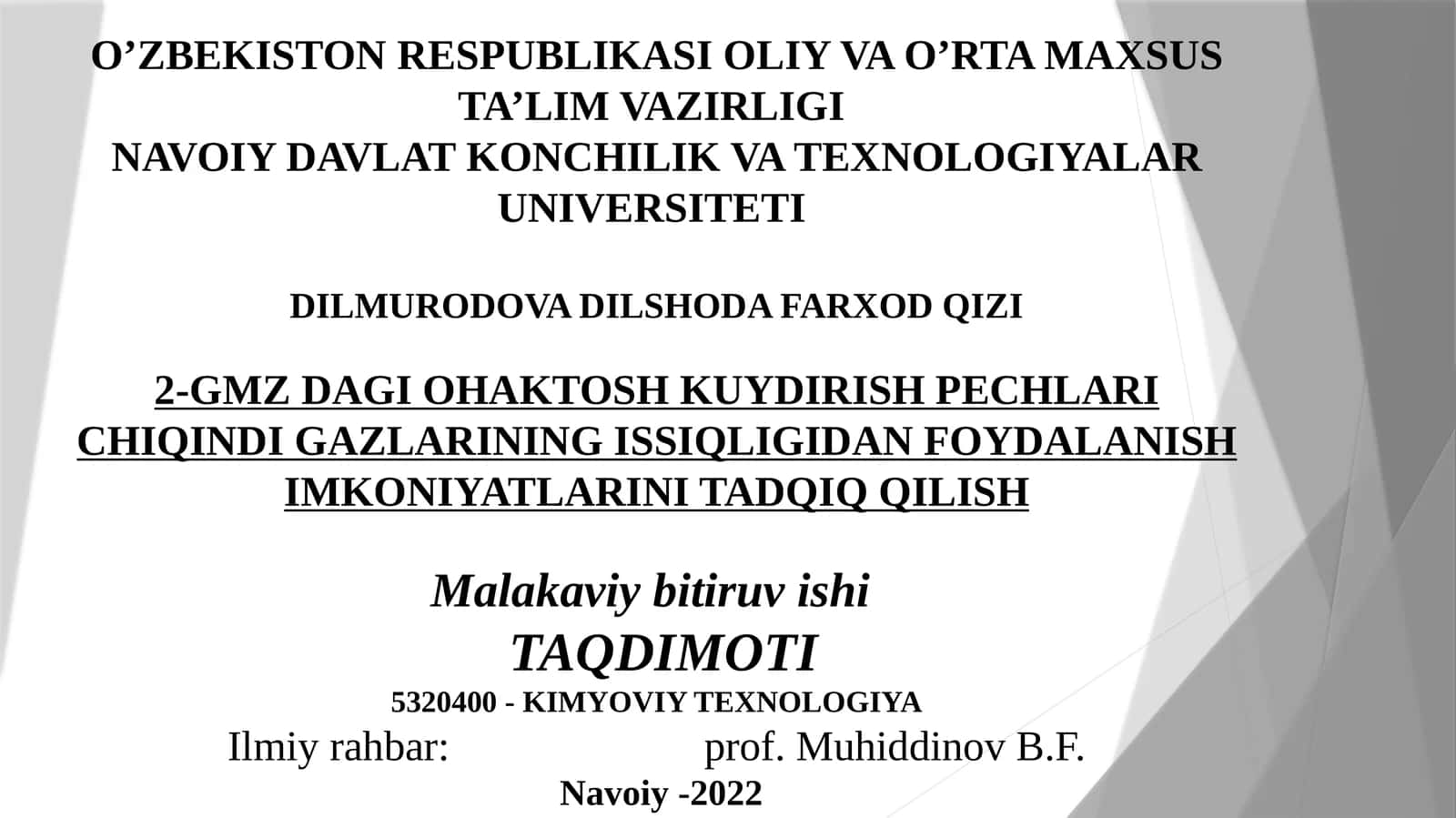 GMZ DAGI OHAKTOSH KUYDIRISH PECHLARI CHIQINDI GAZLARINING ISSIQLIGIDAN FOYDALANISH IMKONIYATLARINI TADQIQ QILISH 1
