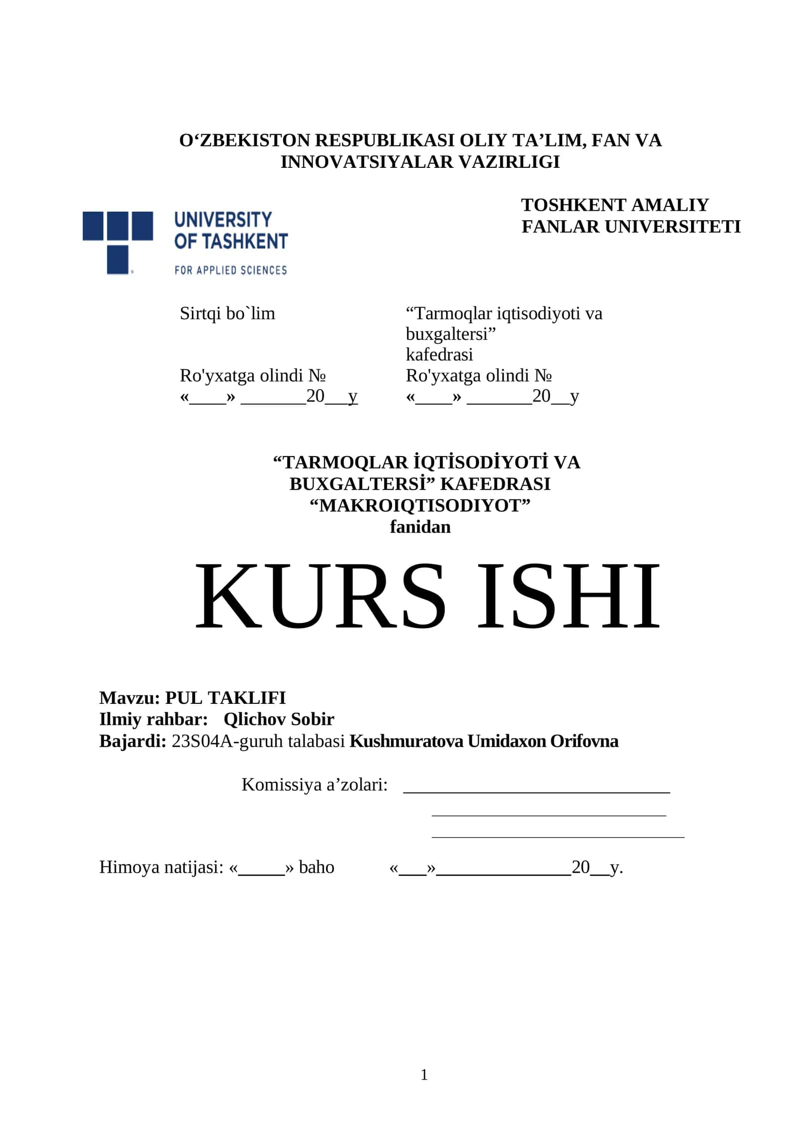 MAKROIQTISODIYOT KURSI: PUL TAKLIFI 1