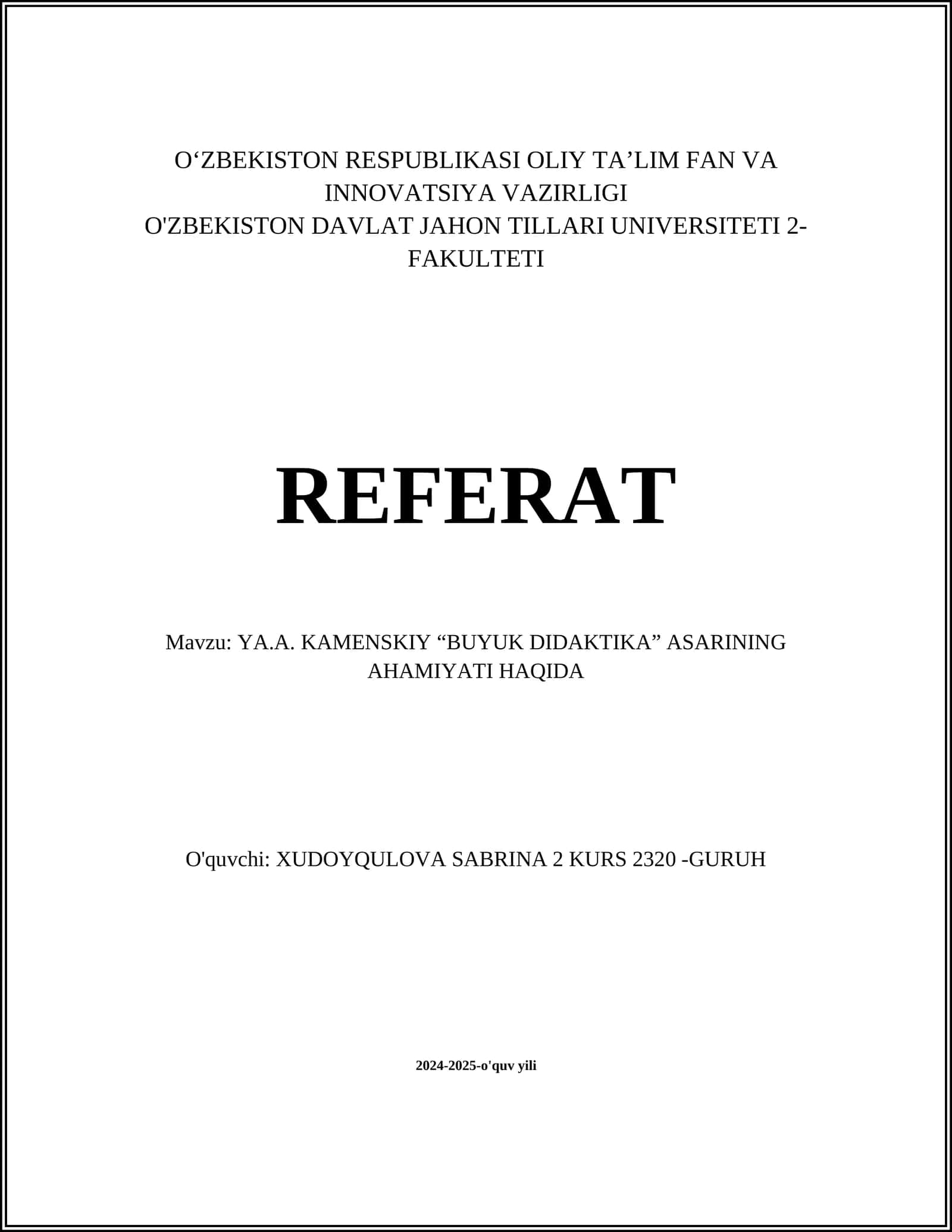 YA.A. KAMENSKIY “BUYUK DIDAKTIKA” ASARINING AHAMIYATI HAQIDA 1