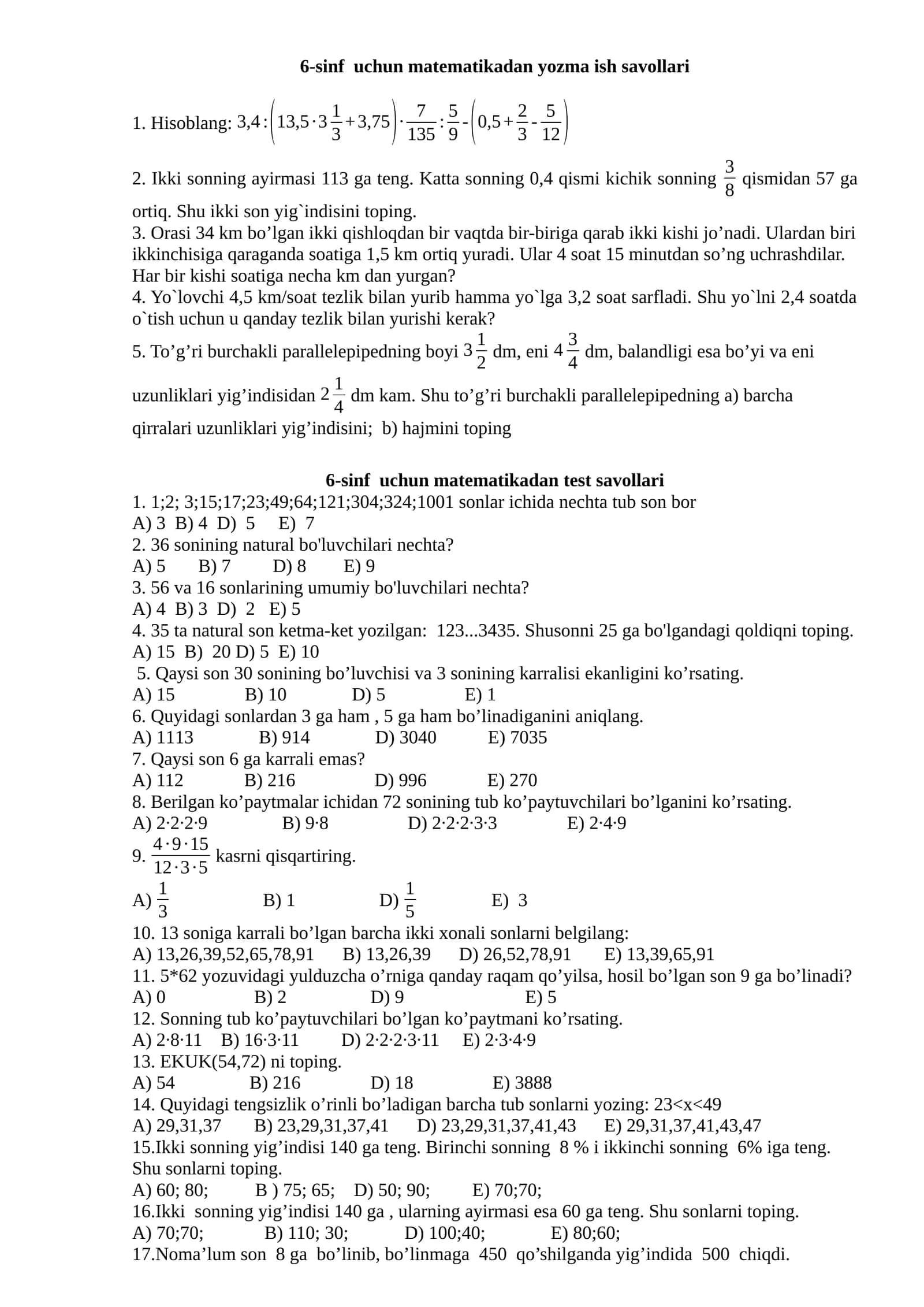 6-sinf uchun matematikadan yozma ish savollari 1