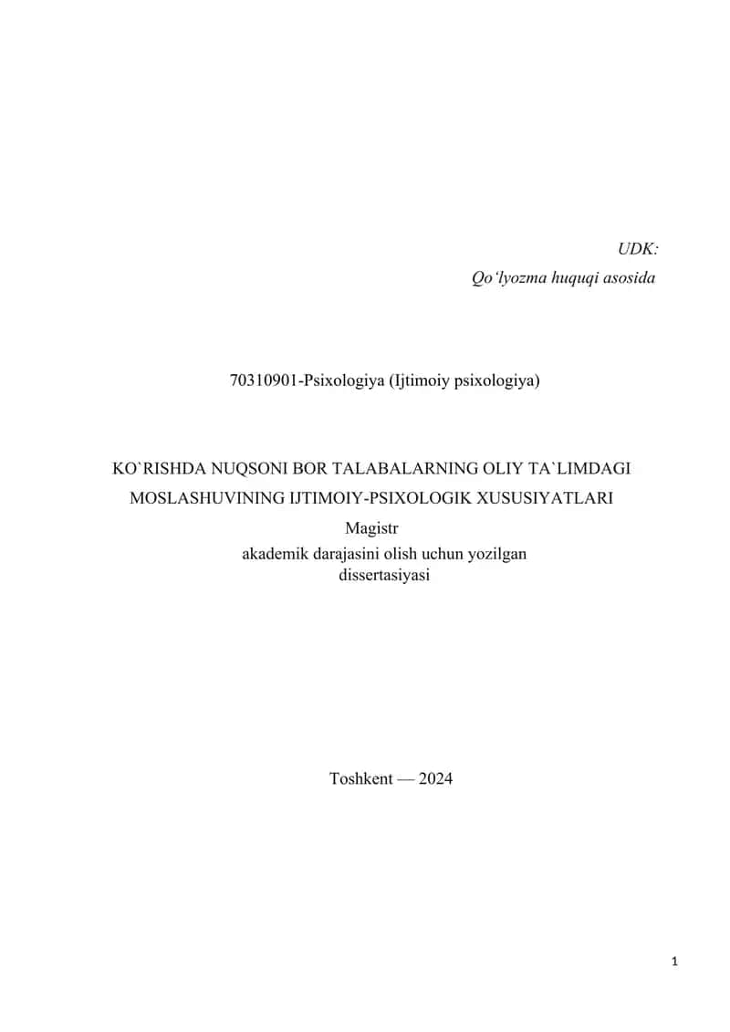 KО`RISHDА NUQSОNI BОR TАLАBАLАRNING ОLIY TА`LIMDАGI MОSLАSHUVINING IJTIMОIY-PSIXОLОGIK XUSUSIYАTLАRI 1