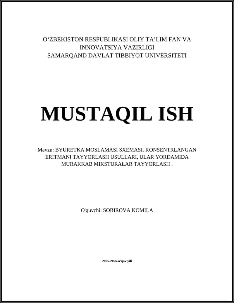 BYURETKA MOSLAMASI SXEMASI. KONSENTRLANGAN ERITMANI TAYYORLASH USULLARI, ULAR YORDAMIDA MURAKKAB MIKSTURALAR TAYYORLASH 1