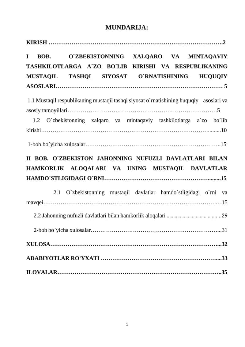 O`ZBEKISTONNING XALQARO VA MINTAQAVIY TASHKILOTLARGA A`ZO BO`LIB KIRISHI VA RESPUBLIKANING MUSTAQIL TASHQI SIYOSAT O`RNATISHINING HUQUQIY ASOSLARI 1