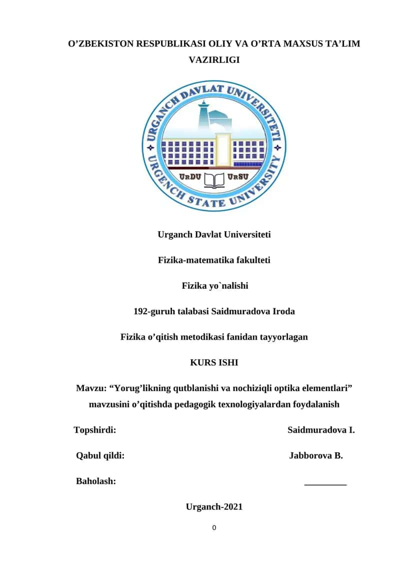 Yorug’likning qutblanishi va nochiziqli optika elementlari 1