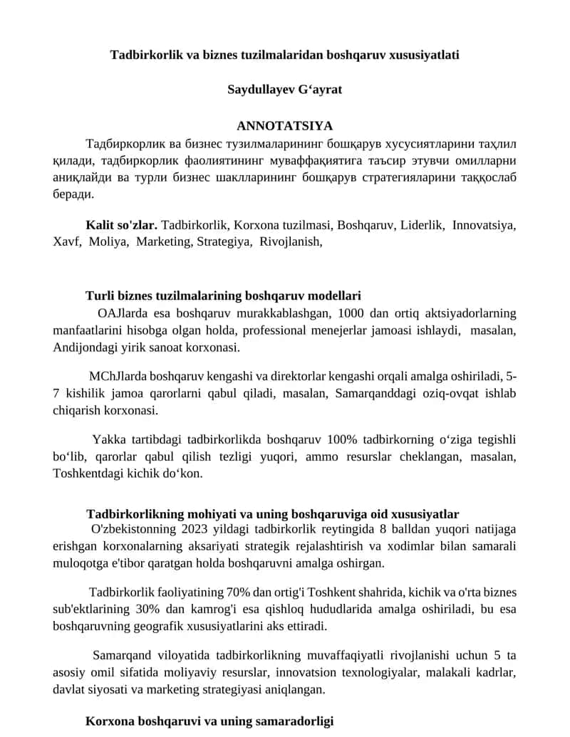 Tadbirkorlik va biznes tuzilmalaridan boshqaruv xususiyatlati 1