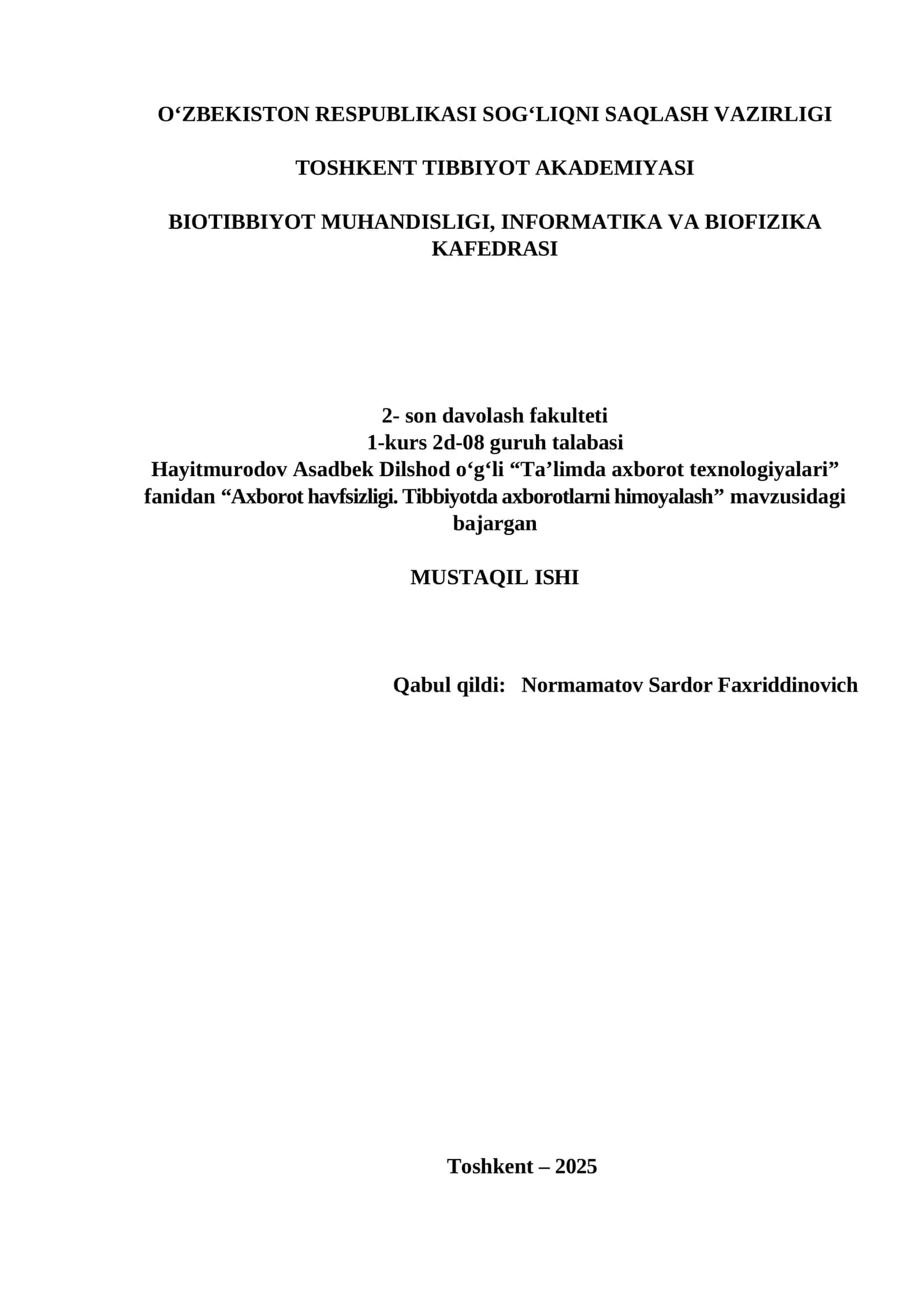 Axborot havfsizligi. Tibbiyotda axborotlarni himoyalash 1
