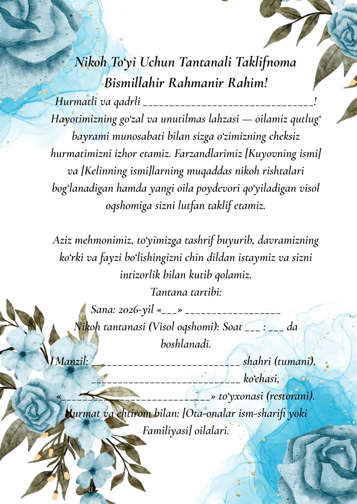 NikohTo‘yi Uchun Tantanali Taklifnoma 1
