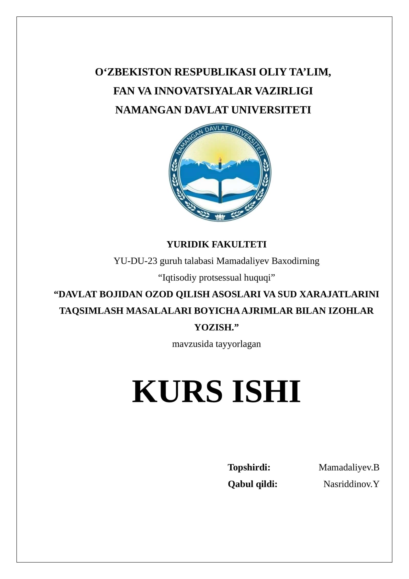 Davlat bojidan ozod qilish asoslari va sud xarajatlarini taqsimlash masalalari boyicha ajrimlar bilan izohlar yozish. 1